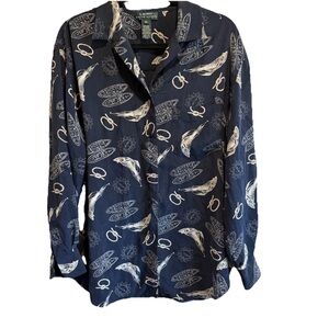 VTG Lauren Ralph Lauren Nautical Print Silk Blouse Navy Blue Sail Boats, XL